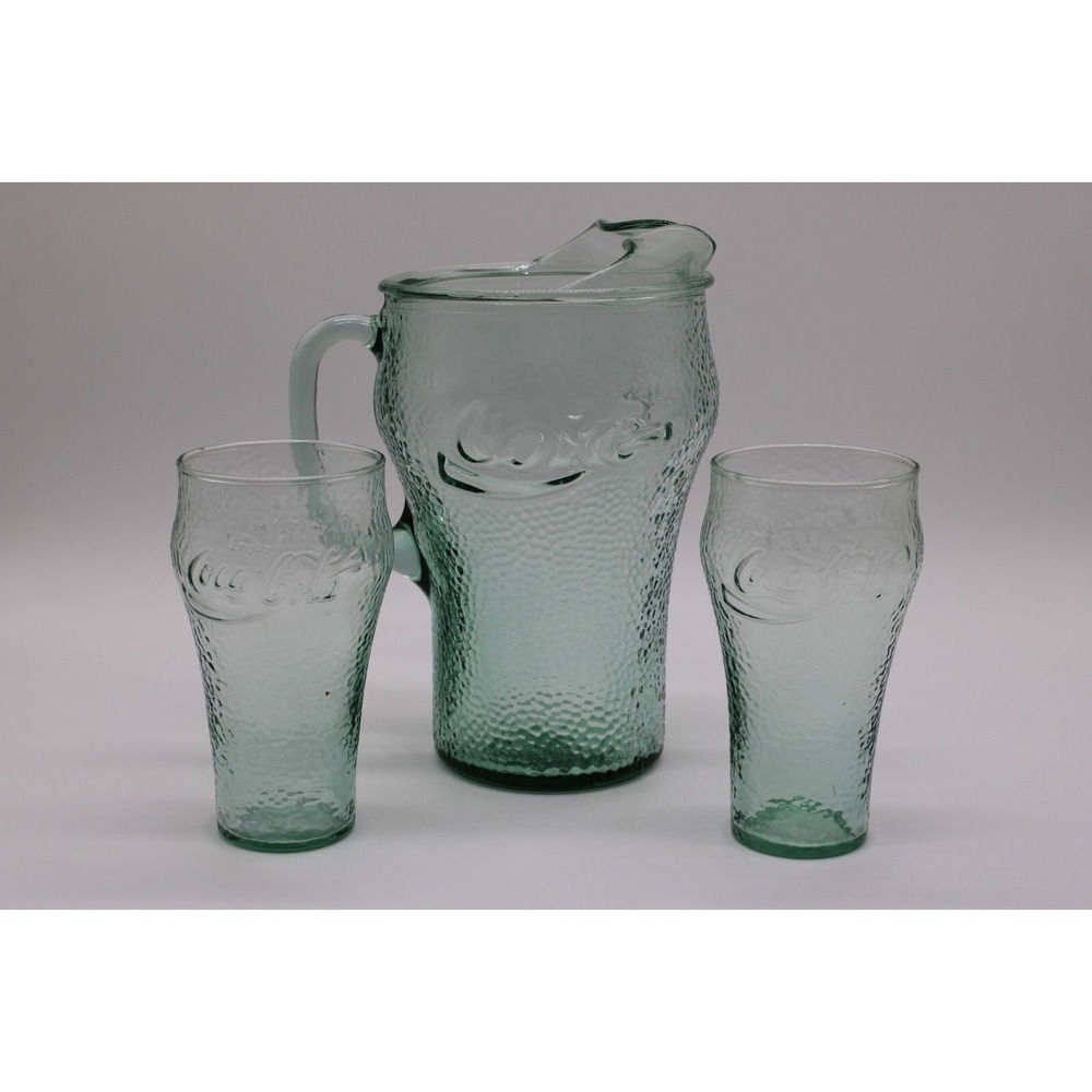 Vintage Coca Cola Pitcher and 2 Glasses Set Pebbled Green Glass Coke - Picture 2 of 11